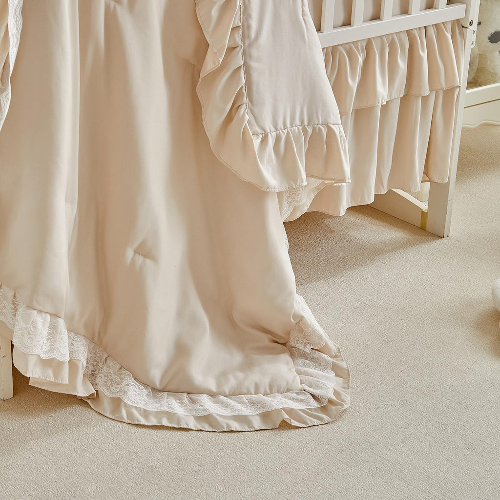 Ruffled Crib Bedding Set Floral Design 3 Pieces Baby Boho Quilted Comforter with Fitted Sheet and Bed Skirt - Cute