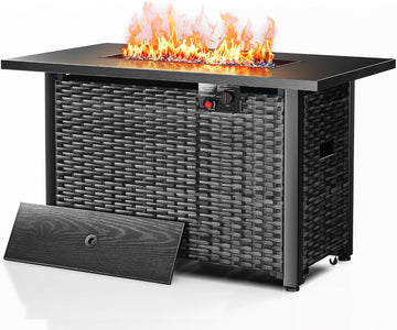 43" 4-in-1 Propane Fire Pit Table, 50,000 BTU, CSA Certified | Rattan Gas Fire Pit Table with Lid, Blue Fire Glass