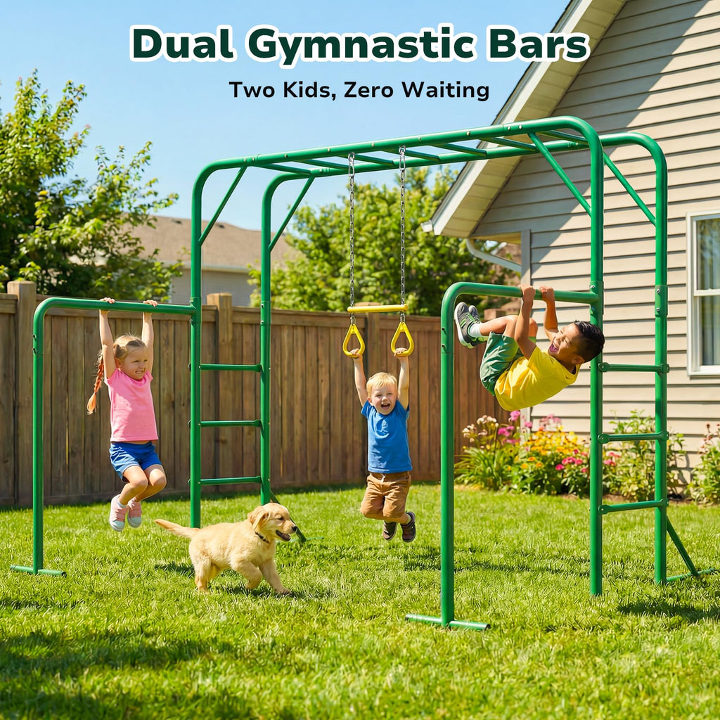 Monkey Bars for Kids Backyard with Dual Gym Bars & Trapeze Swing
