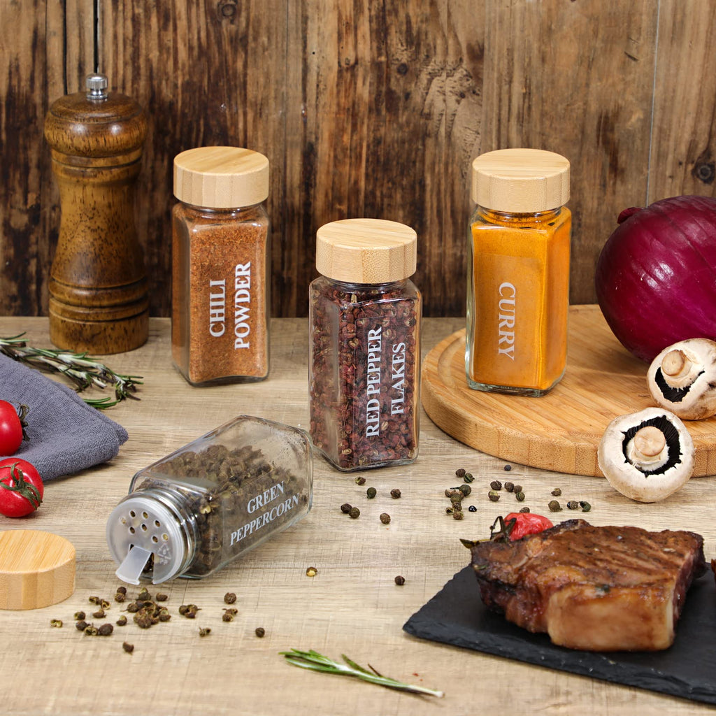 24 Pcs Glass Spice Jars with Bamboo Lids, 4 oz Glass Jars with Minimalist Farmhouse Spice Labels Stickers