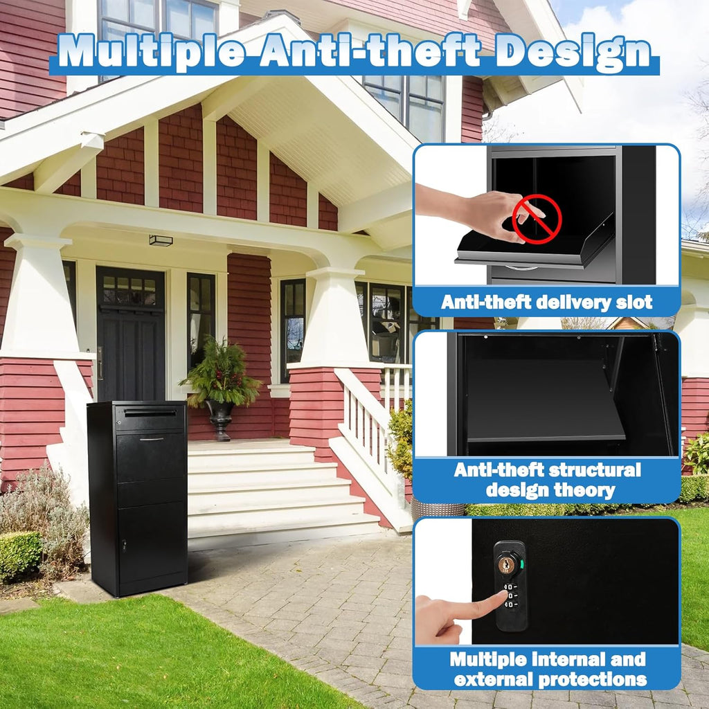 45" Package Delivery Box - Lockable Black Metal Parcel Drop Box, Anti-Theft, IPX4 Waterproof