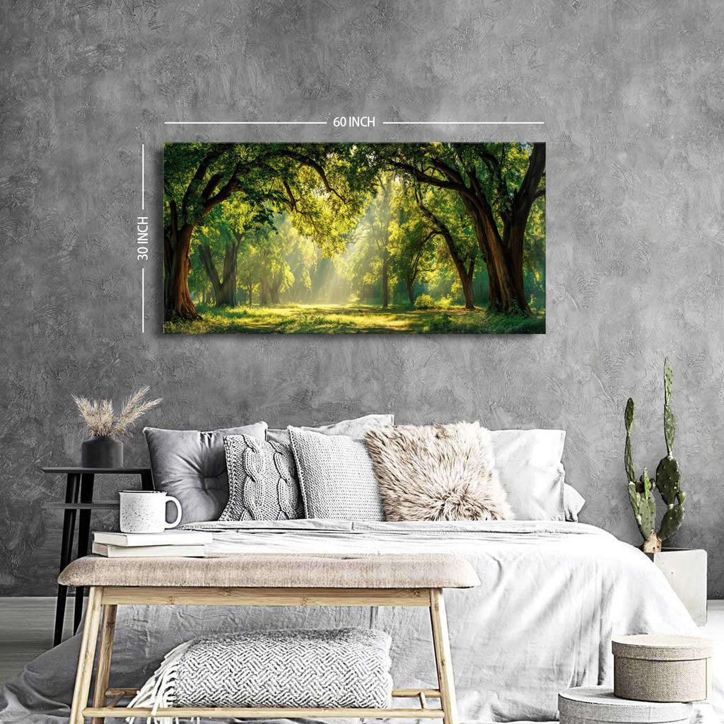 Green Forest Wall Art Panoramic Woodland Landscape Canvas Pictures Nature Wall Decor Sunrise Sunlight Trees Scenery