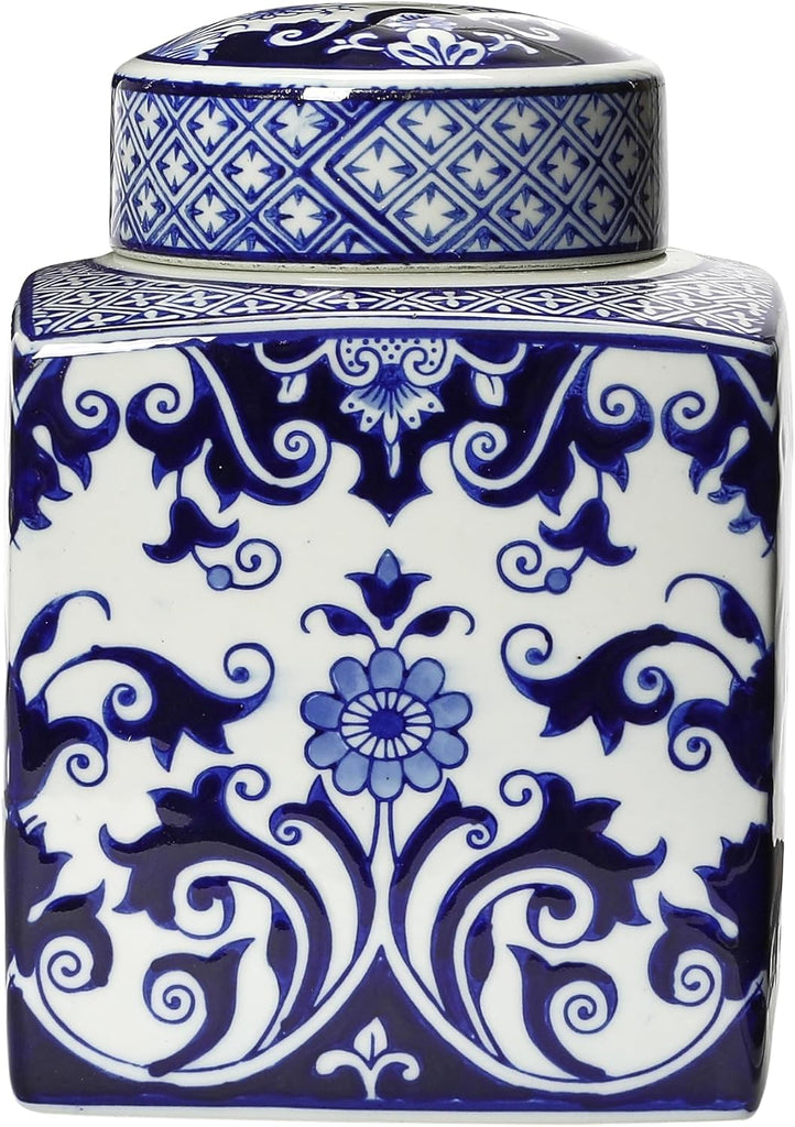 Decorative Square Ceramic Ginger Jar with Lid for Small Spaces, Blue and White
