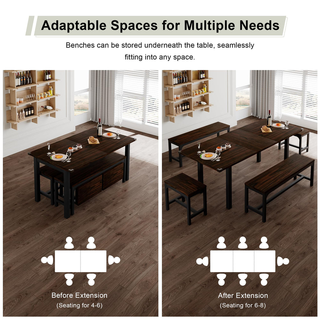 5-Piece Dining Table Set for 4-8 People, 63" Extendable Kitchen Table Set with 2 Benches and 2 Square Stools, Dining