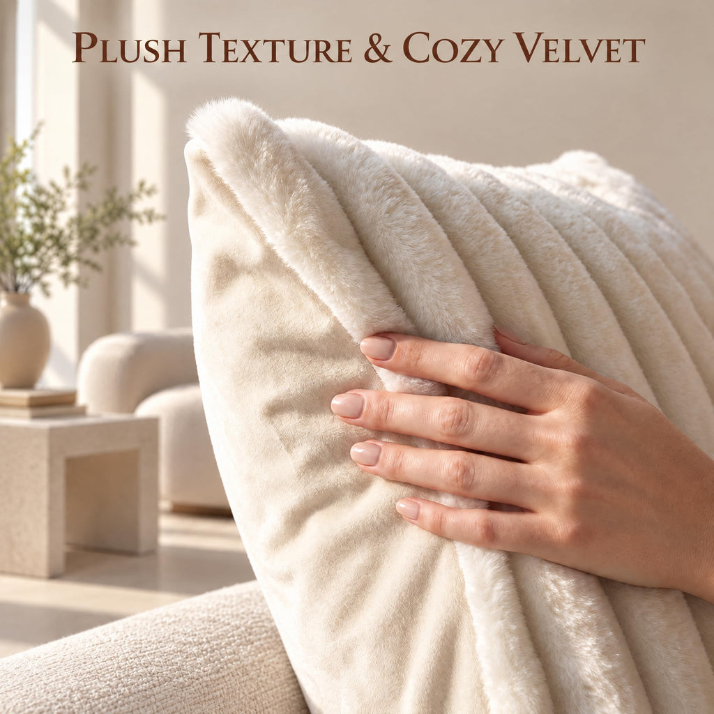 Set of 2 Decorative Throw Pillow Covers 24x24, Fall Faux Fur Cream White
