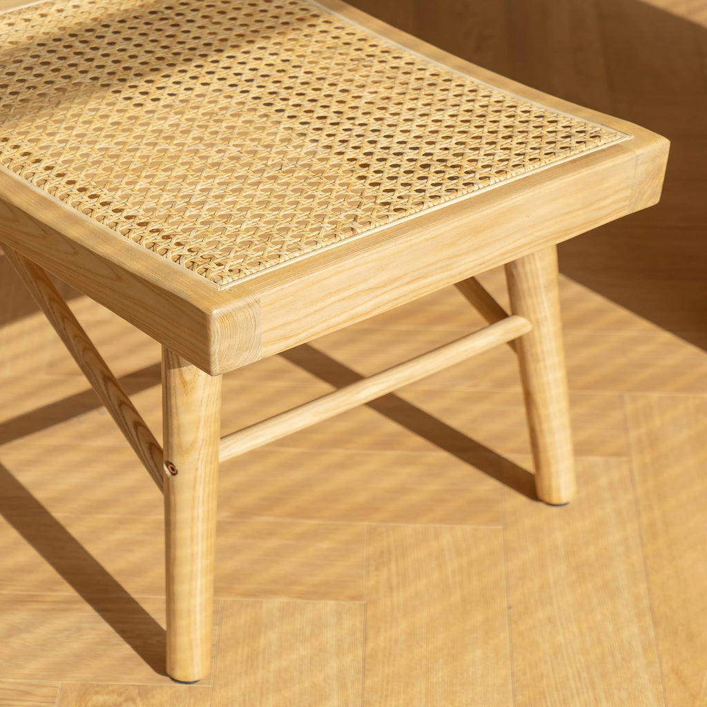 55" Modern Dining Bench, Solid Oak Wood Bench with Rattan Seat, Entryway Bench Table, Indoor Wooden Bench, Easy