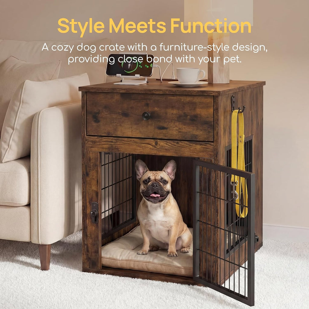 Dog Crate Furniture with Cushion and Charging Station for Indoor
