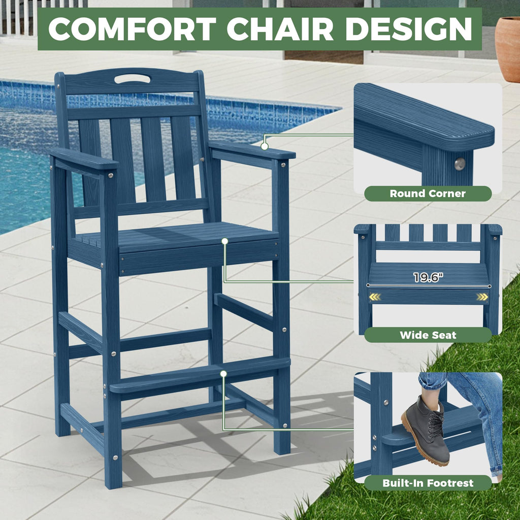Outdoor Patio Bar Height Table and Tall Adirondack Chairs Set of 2, All-Weather HDPE High Top Long Rectangle Pub