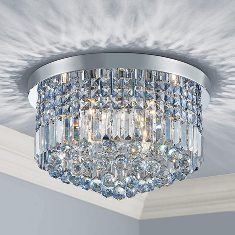 9 Light Modern K9 Crystal Chandelier Lighting, Flush Mount, Perfect for Dining Room, Bathroom, Bedroom, E12 Bulb Base; Height 11" x Diameter 20"; Lake Blue Crystal & Chrome Finish A100-B0B5638L91