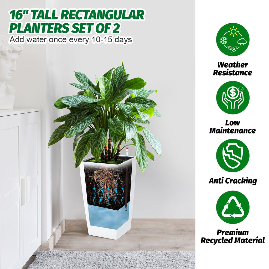 16 in Tall Planters Set of 2, Outdoor&Indoor Black Planter Pots, High Front Porch Planter Pots with Drainage
