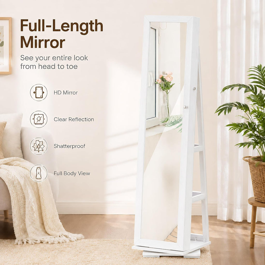 Lockable Jewelry Cabinet with Frameless Full-Length Mirror, 360° Swivel Jewelry Organizer Armoire, Free-Standing