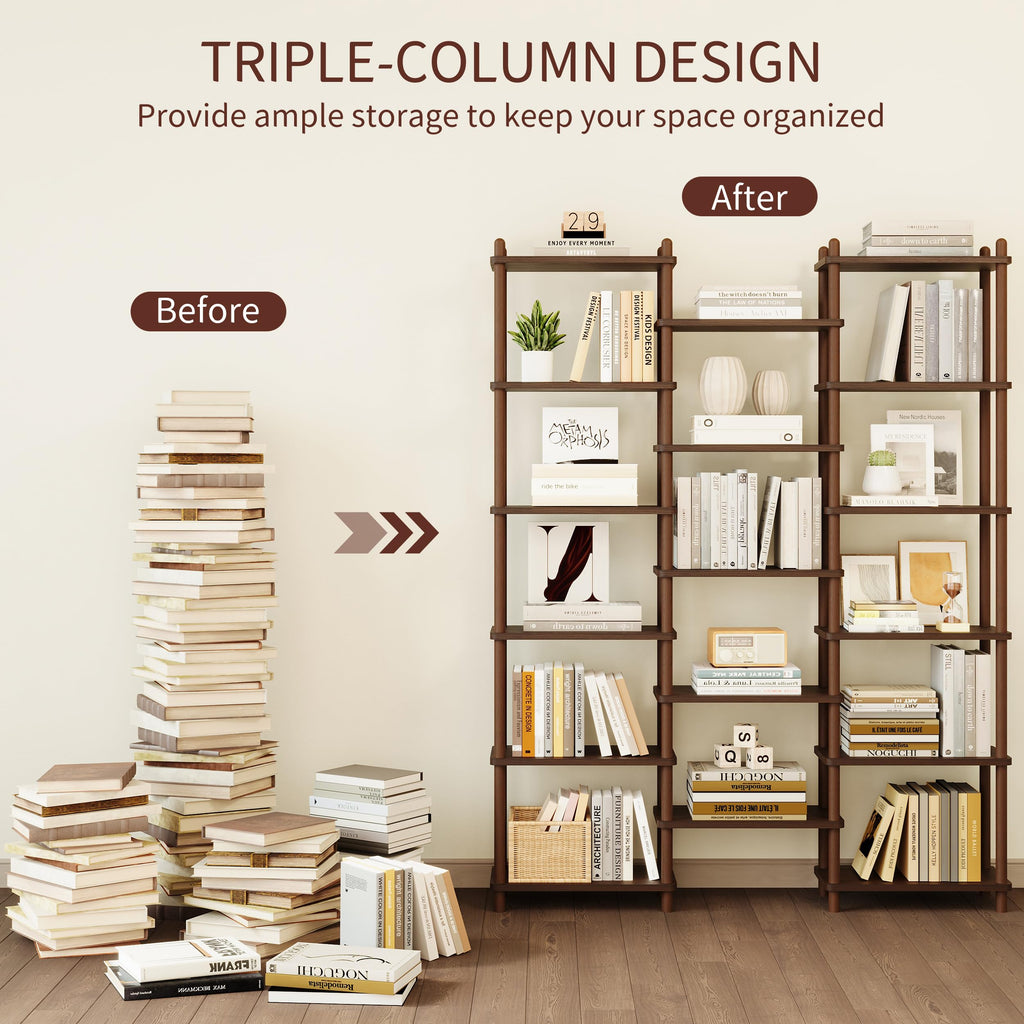 Wooden Triple Wide Bookshelf, 6-Tier Large Open Bookcase, Walnut