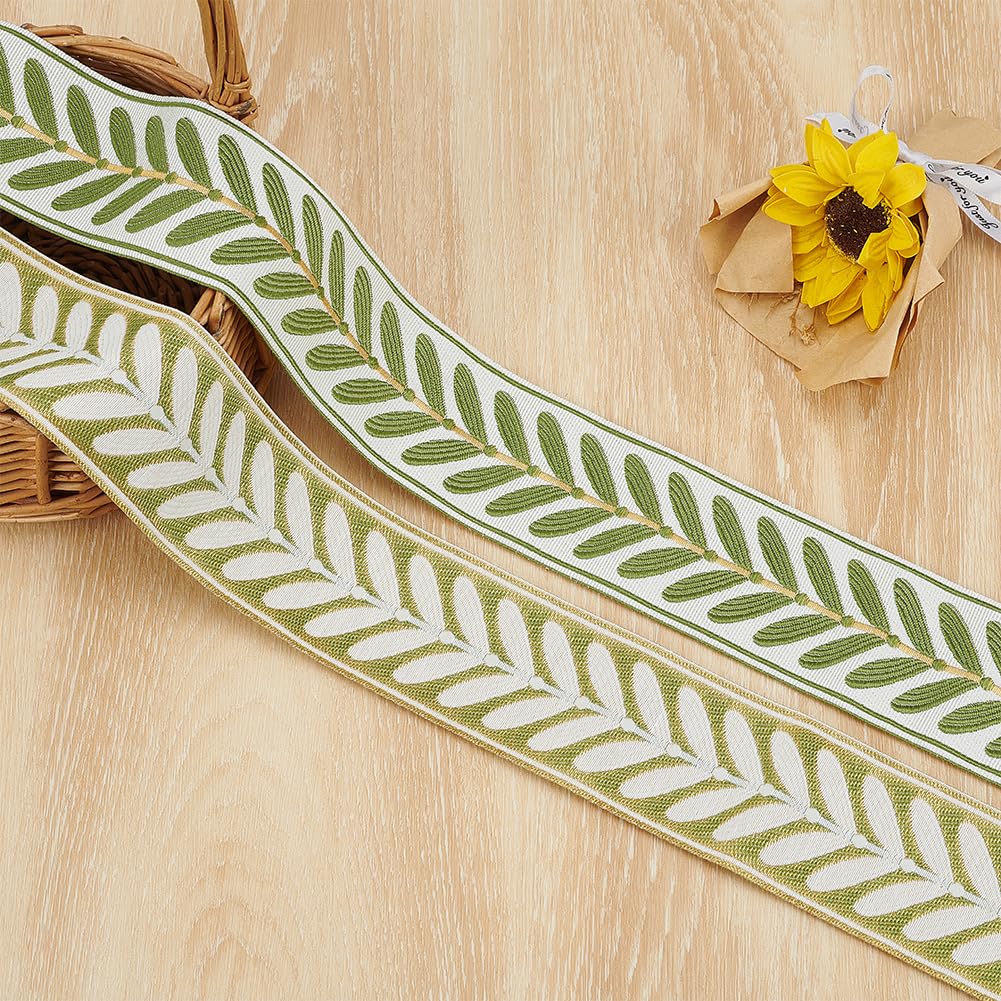 Jacquard Ribbon Trim 2.4 Inch Leaf Pattern Jacquard Polyester Ribbons White Green Leaf Jacquard Woven