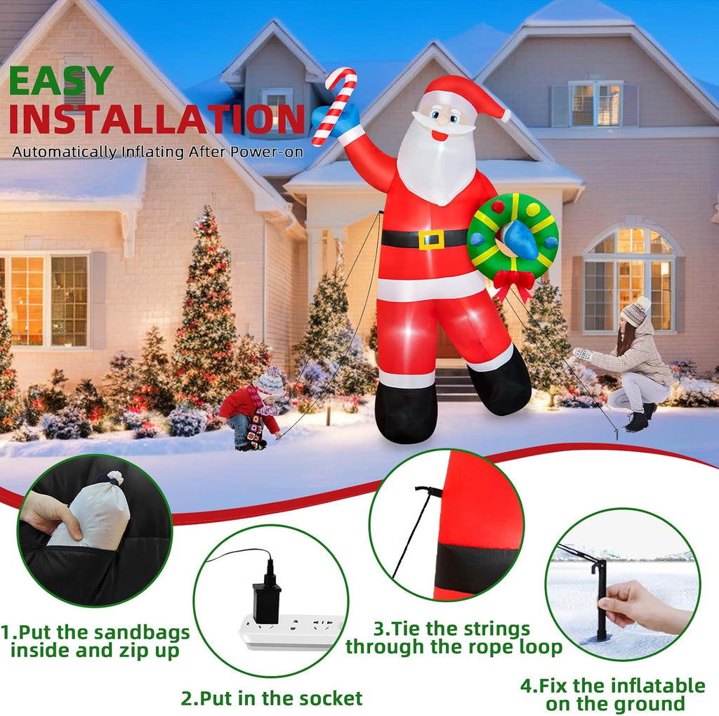 12FT Christmas Inflatables Santa Claus Outdoor Decorations, Giant Blow Up Santa Holding Garland Yard Decorations