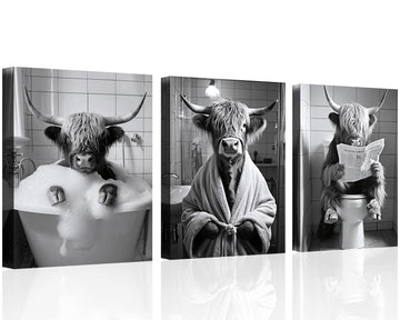 Highland Cow Bathroom Canvas Wall Art Funny Animals Bathroom Pictures Black and White Highland Cow Bathroom Prints