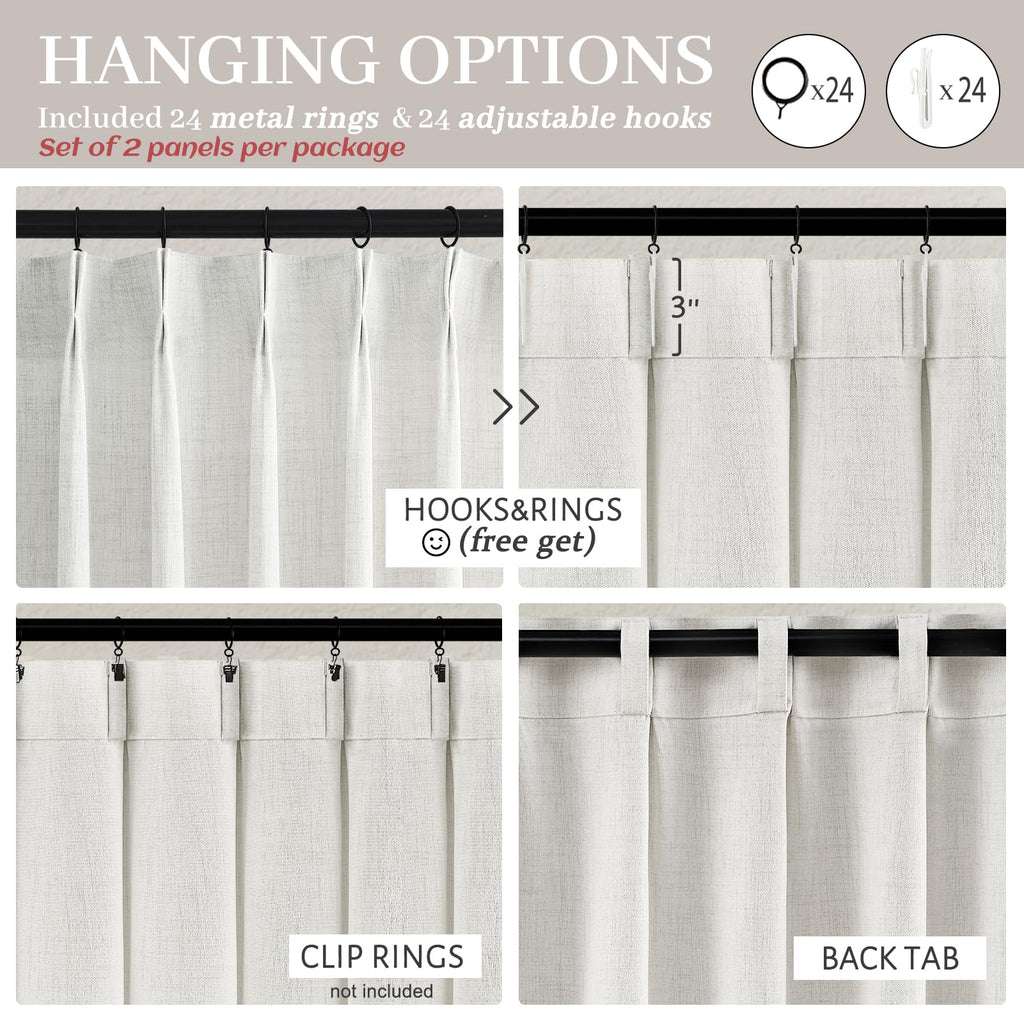 Memory Trained Pinch Pleat 60 Inch Wide Room Divider Curtains 102 Inches Long, Off White Light Filtering Linen Semi