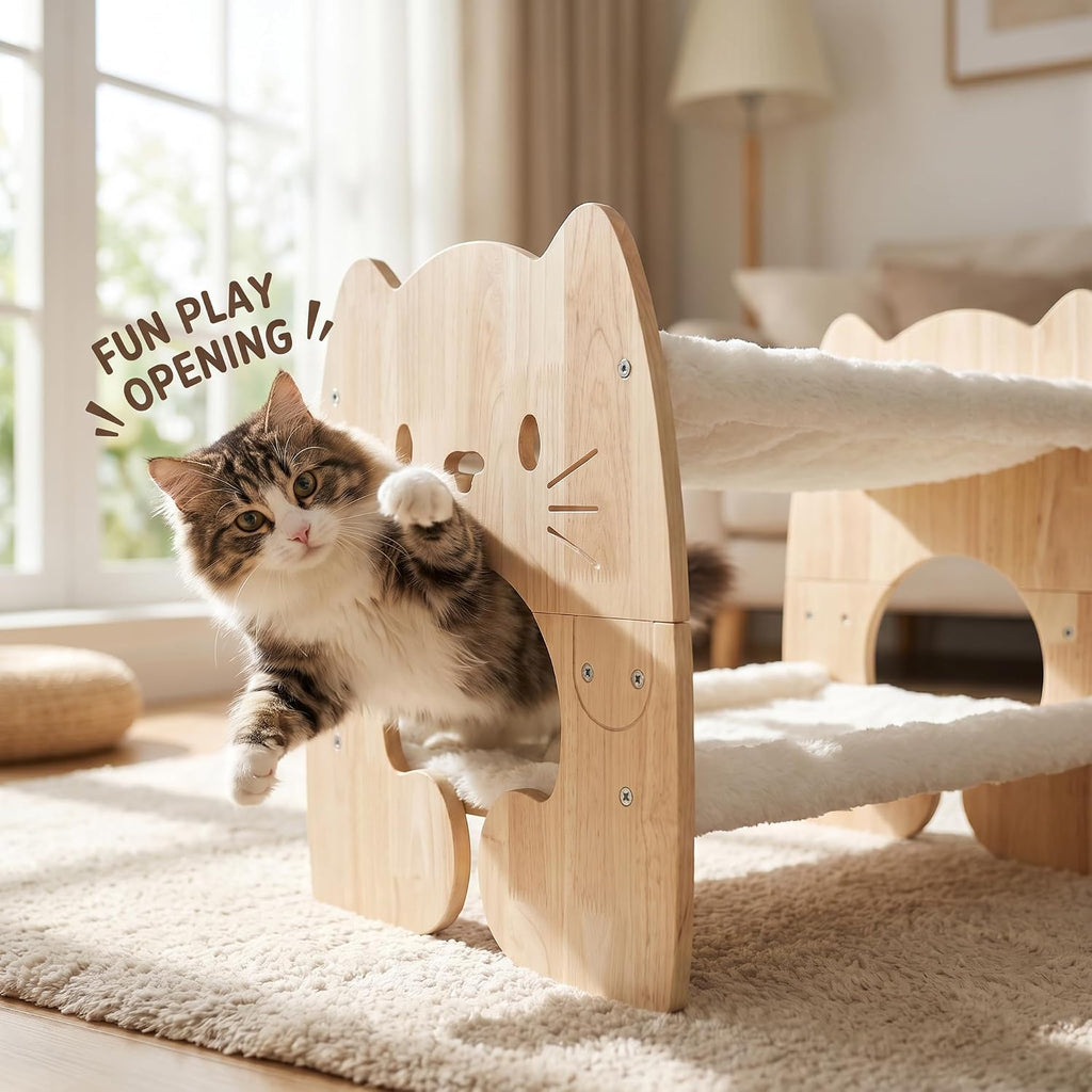 Elevated Cat Bed, Solid Rubberwood Cat Hammock with Breathable Cover