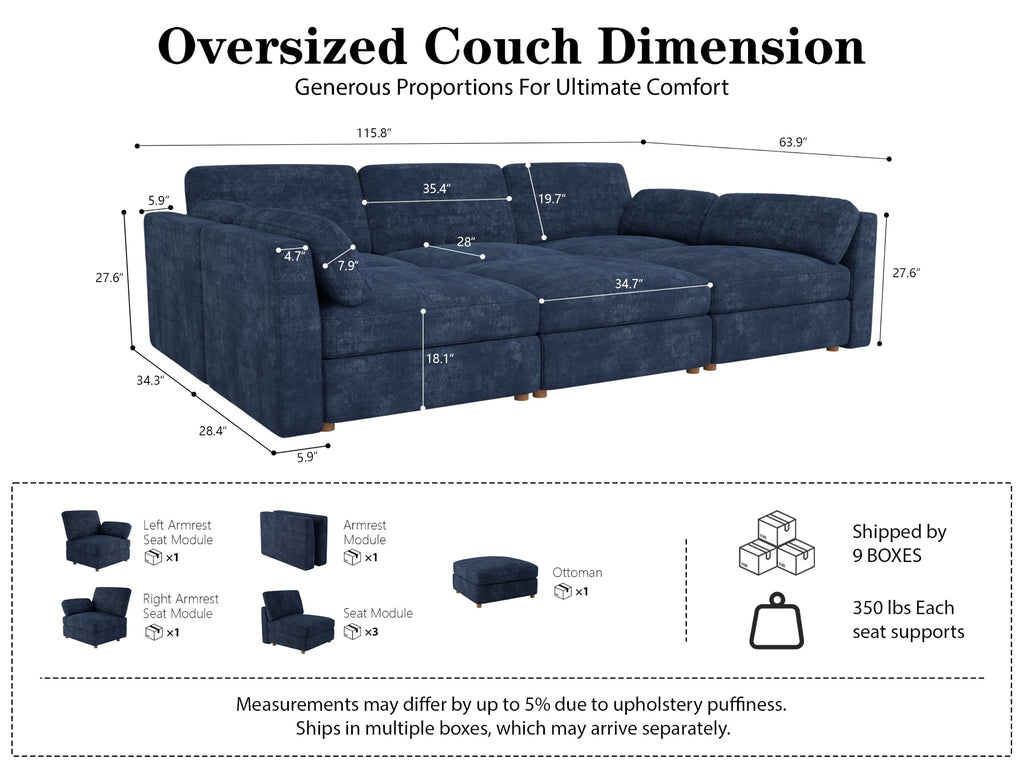 Oversized Cloud Sleeper Couch 6 Seater Modular Sectional Sofa Blue