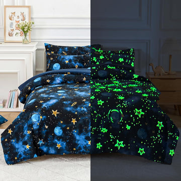 Kids Comforter Sets for Boys, Glow in The Dark Blue Starry Sky Space Bedding Set 4 Pieces - Boy Soft Bed Set