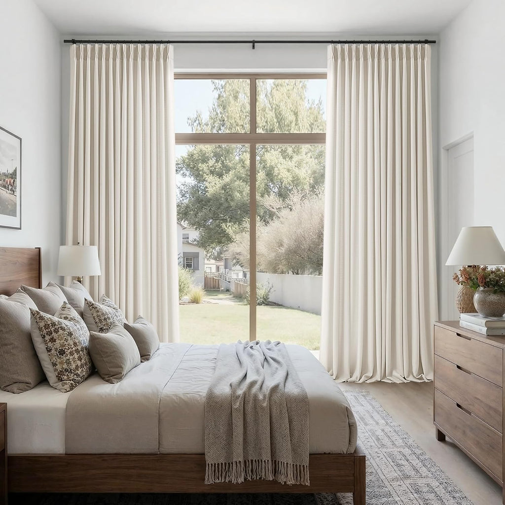 Natural 112 Inch Pinch Pleated Semi Sheer Curtains 2 Panels Set for Sliding Glass Doors, Memory Shape Pleat Thick