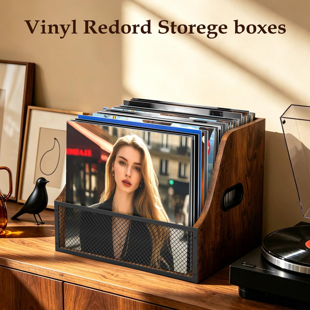 Vinyl Record Storage, Wooden Crate ‌Vinyl Holder with 2 Dividers