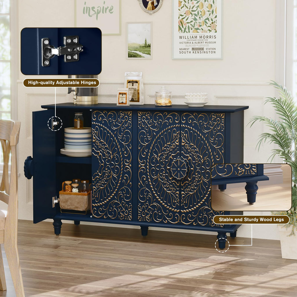 Sideboard Buffet Cabinet with Storage, 48" Decorative Accent Cabinet with Carved Flower Pattern, Modern Blue Credenza