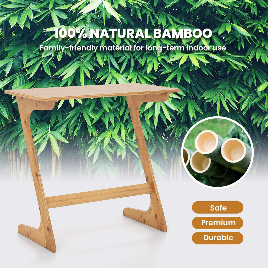 Bamboo TV Tray Sofa Side Table, Z-Shaped Couch Table with 30" x 16" Tabletop, Space-Saving Snack Laptop Desk, Quick