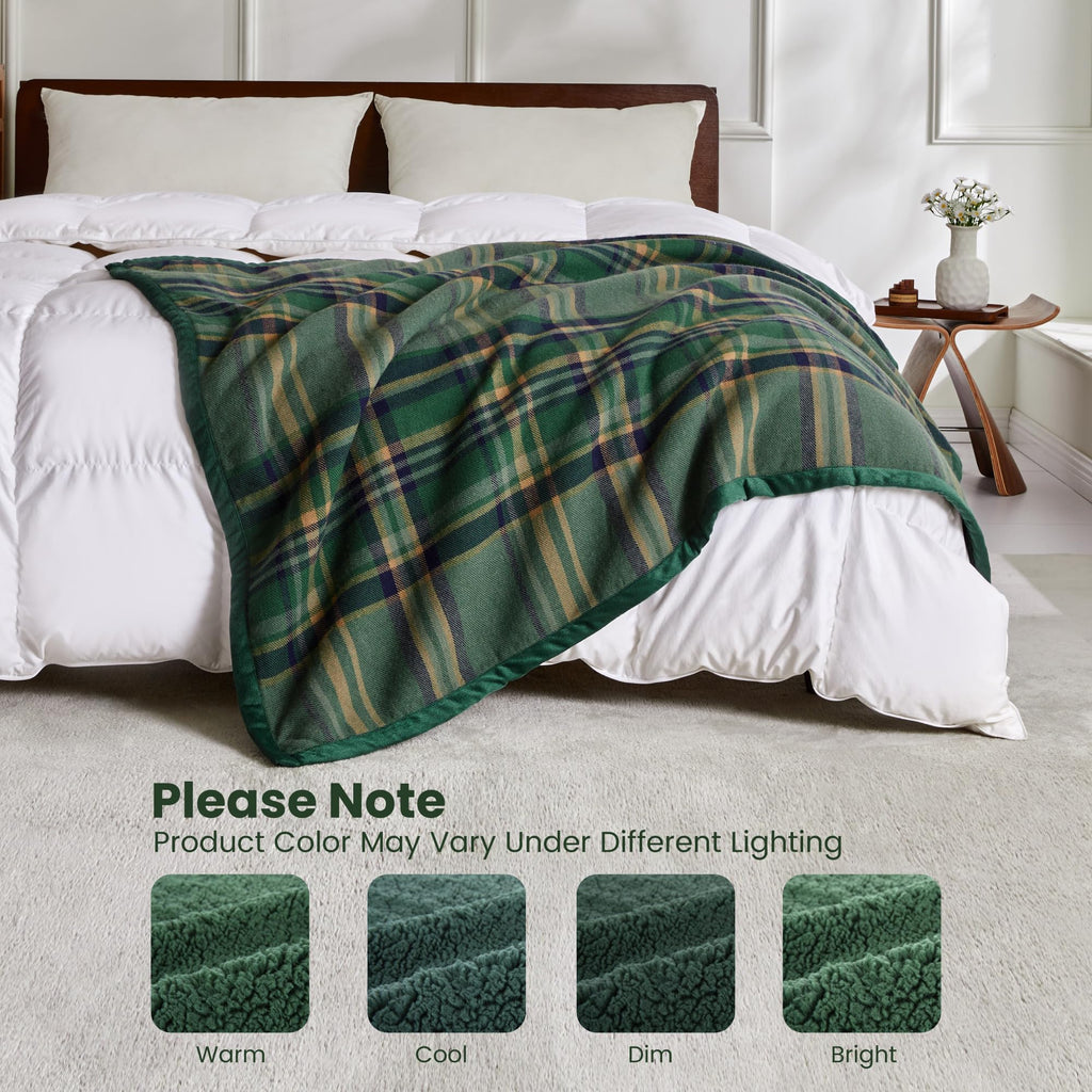 Green Sherpa Plaid Throw Blanket Dual-Sided, 50" x 60"