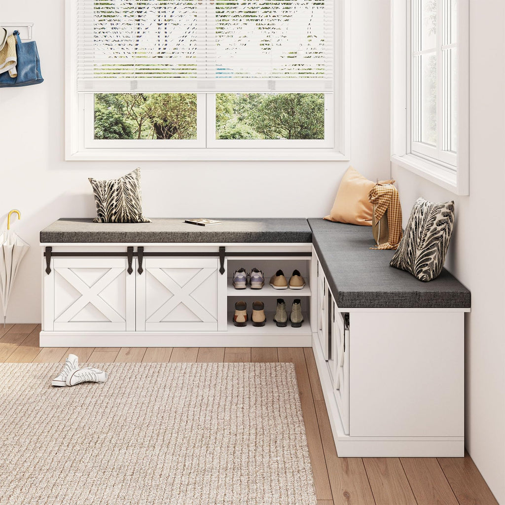 Farmhouse L Shaped Corner Shoe Storage Bench, Corner Bench with Cushion and Sliding Barn Door, 63" Breakfast Nook