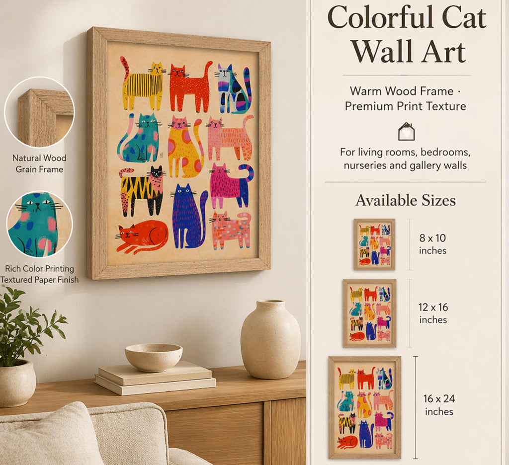Framed Colorful Abstract Cat Wall Art, Cute Kitten Painting Canvas Print, Colorful Cartoon Animal Wall Decor