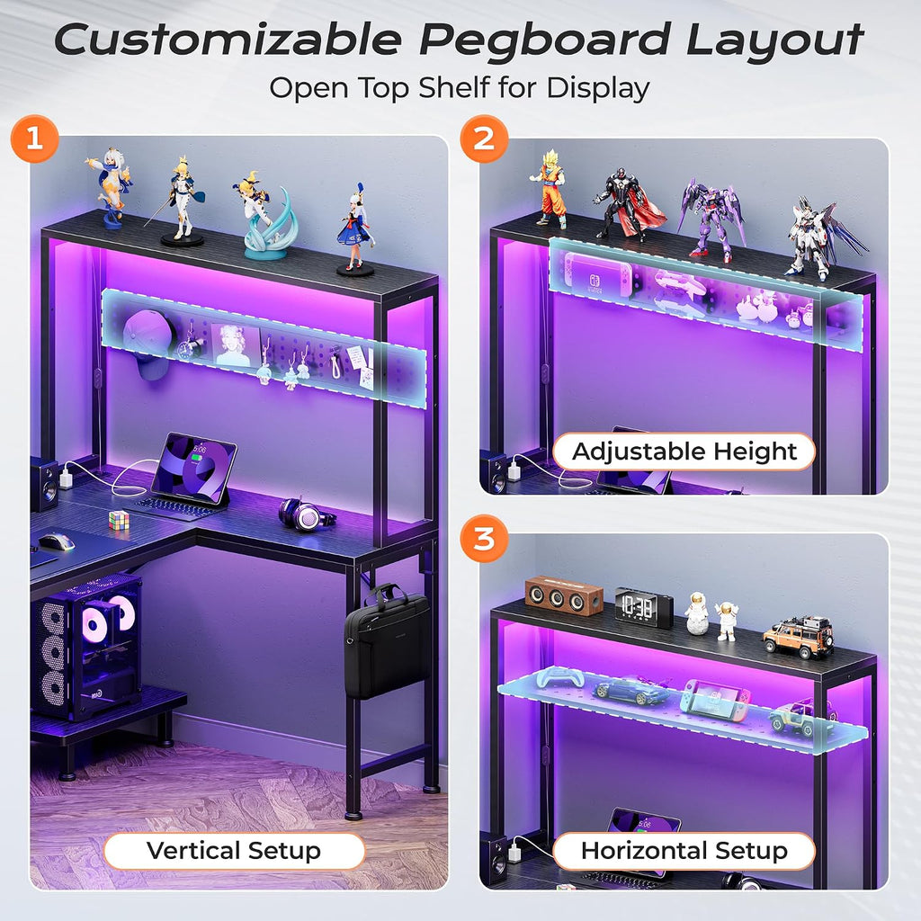 L Shaped Gaming Desk with LED Lights & Power Outlets | Reversible Computer Desk with Storage Shelves & Bag, Large