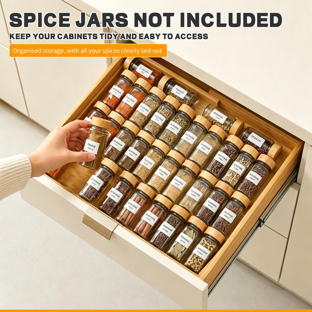 Bamboo Spice Drawer Organizer Expandable(Fits 2.6" Deep or Deeper Drawers), 4-Tier Spice Rack Drawer Insert