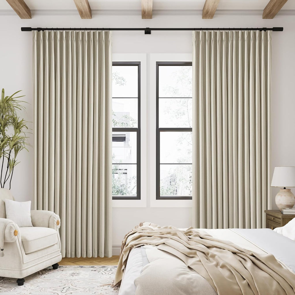 Neutral Pinch Pleat Linen Blackout Curtains 108 Inches Long 2 Panel Set for Living Room Back Tab Pleated Drapes Room