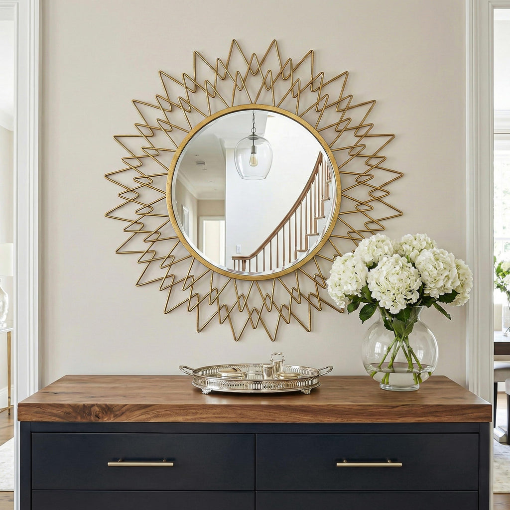 Sunburst Round Mirror for Wall Modern Gold Frame Glam Home Decor 36"