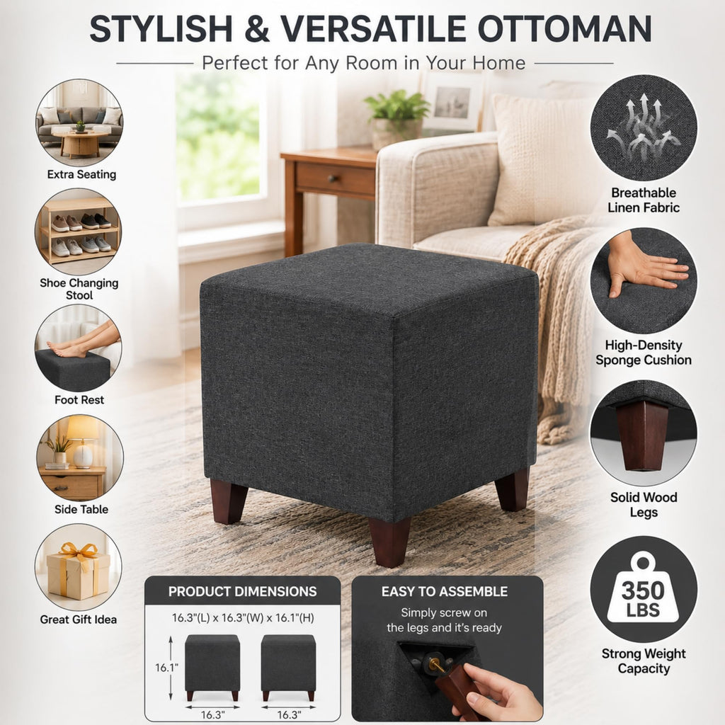 Simple British Style Cube Footstool, 16x16x16, Heather Gray Ottoman bench foot rest