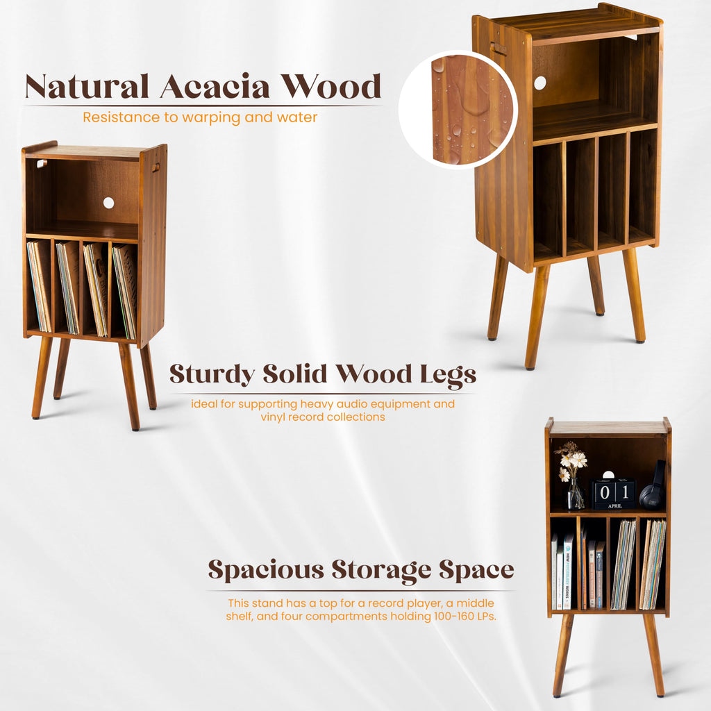 Wooden LP Record Player Stand, 3-Tier Turntable Stand Cabinet Holds up to 100 Albums, Metal Record Storage Holder and