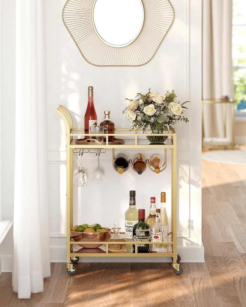 Bar Cart Gold, Home Bar Serving Cart, Wine Cart with 2 Mirrored Shelves, Wine Holders, Glass Holders, Gold ULRC092A62
