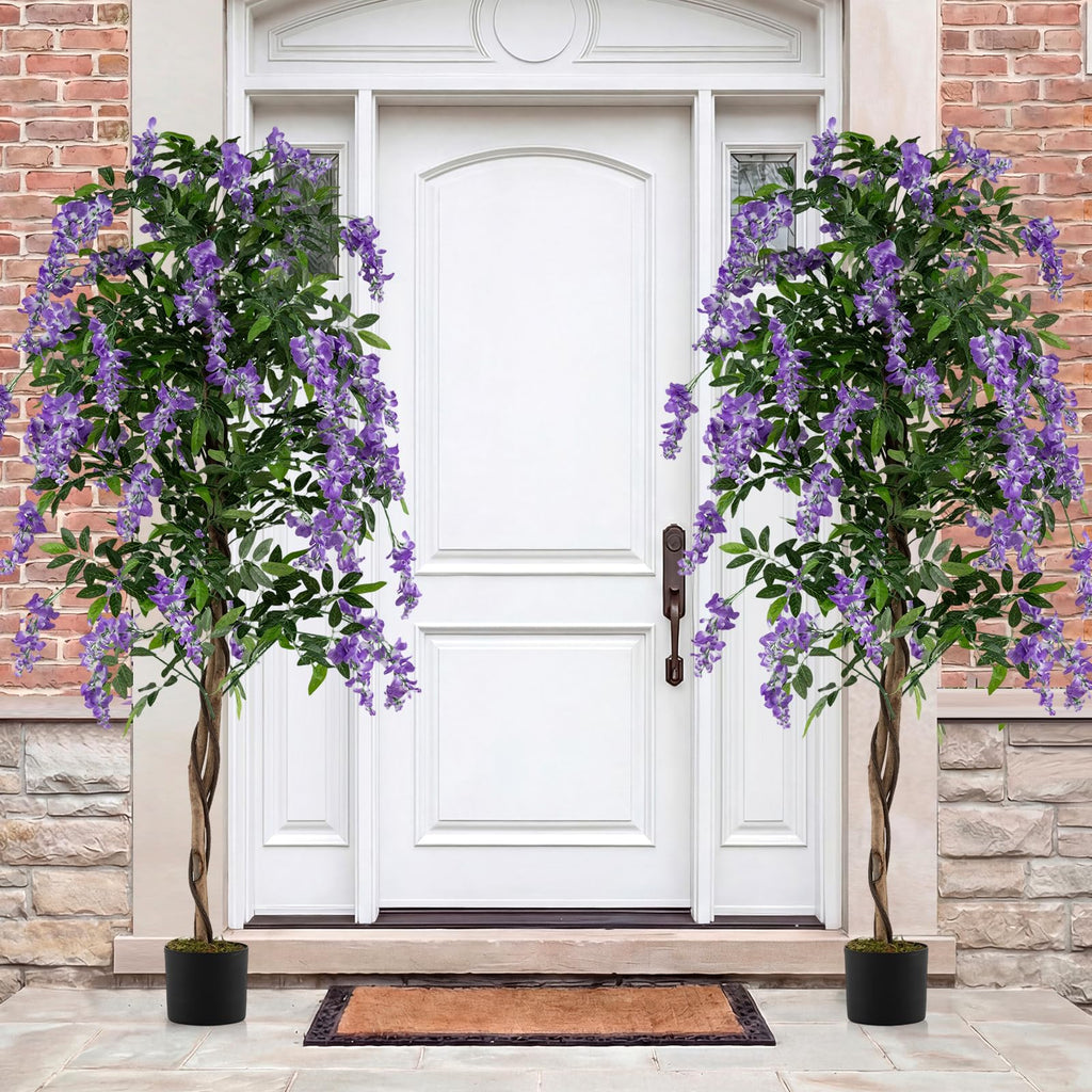 6FT Ficus Artificial Tree, 2 Pack Faux Wisteria Tree Pot with Purple Lifelike Flowers, Fake Potted Tree Greenery