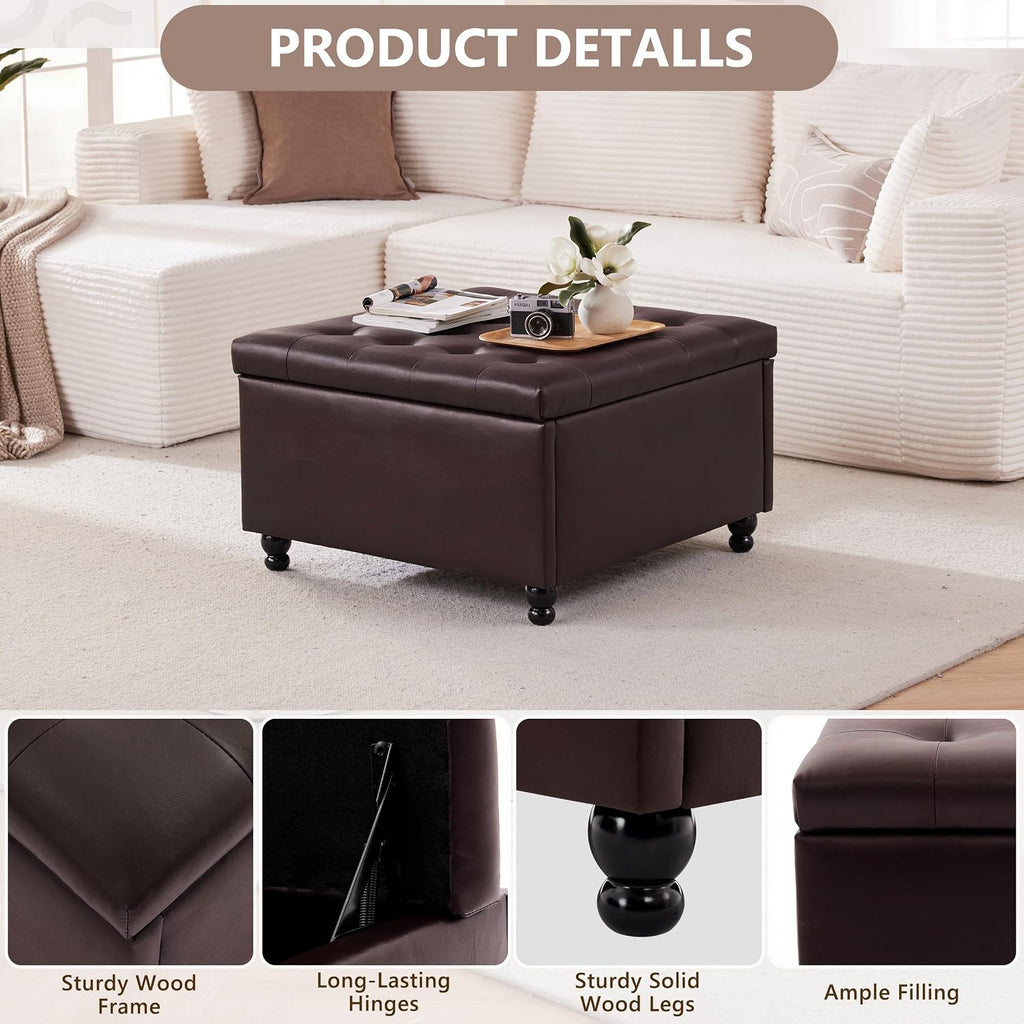 30" Large Square Ottoman with Storage, Leather Ottoman Coffee Table, Brown | Tufted Upholstered Ottoman , Oversized