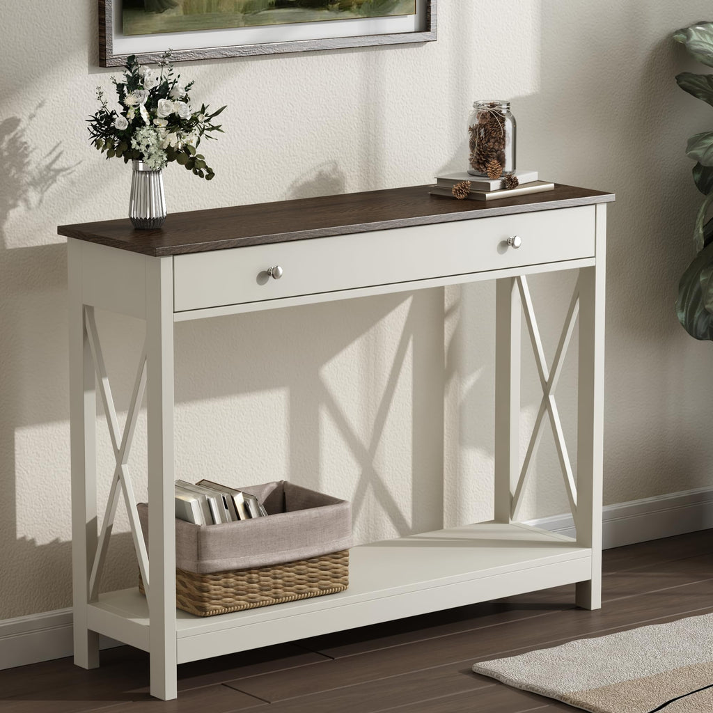 Farmhouse Console Table with Drawer and Storage Shelves, Foyer Sofa Table Narrow, Antique White & Brown