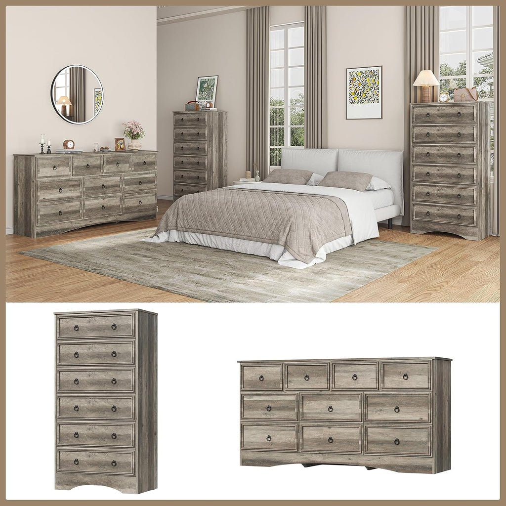 6 Drawer Dresser 52" Tall , Wood 6 Chest Drawers, Storage for Clothes, Narrow Large Drawers, Taupe Vintage