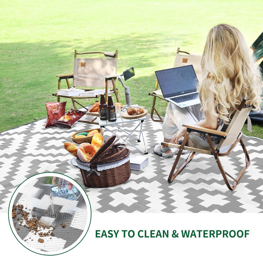 Outdoor Rugs, Reversible Patio Mat, Gray & White