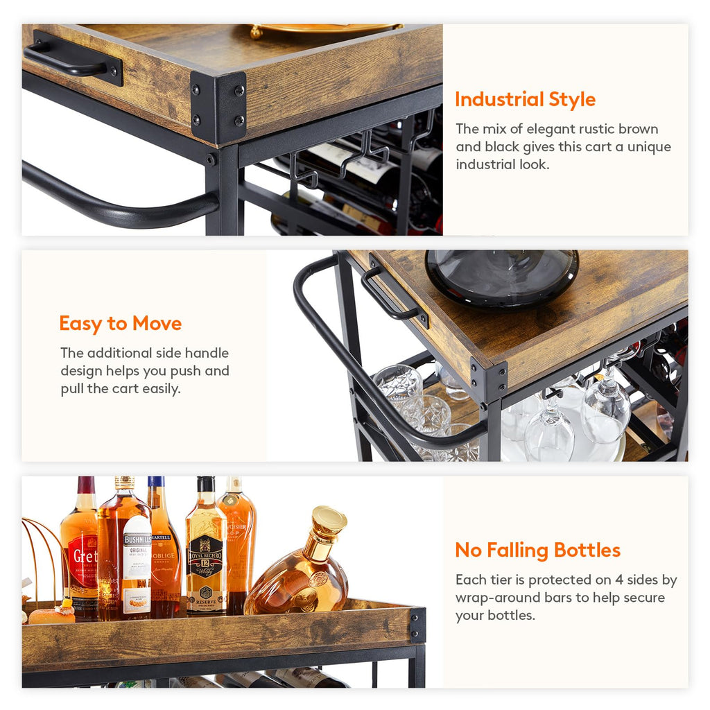 3 Tier Bar Cart with 12 Wine Racks, Serving Trolley, Rustic Brown