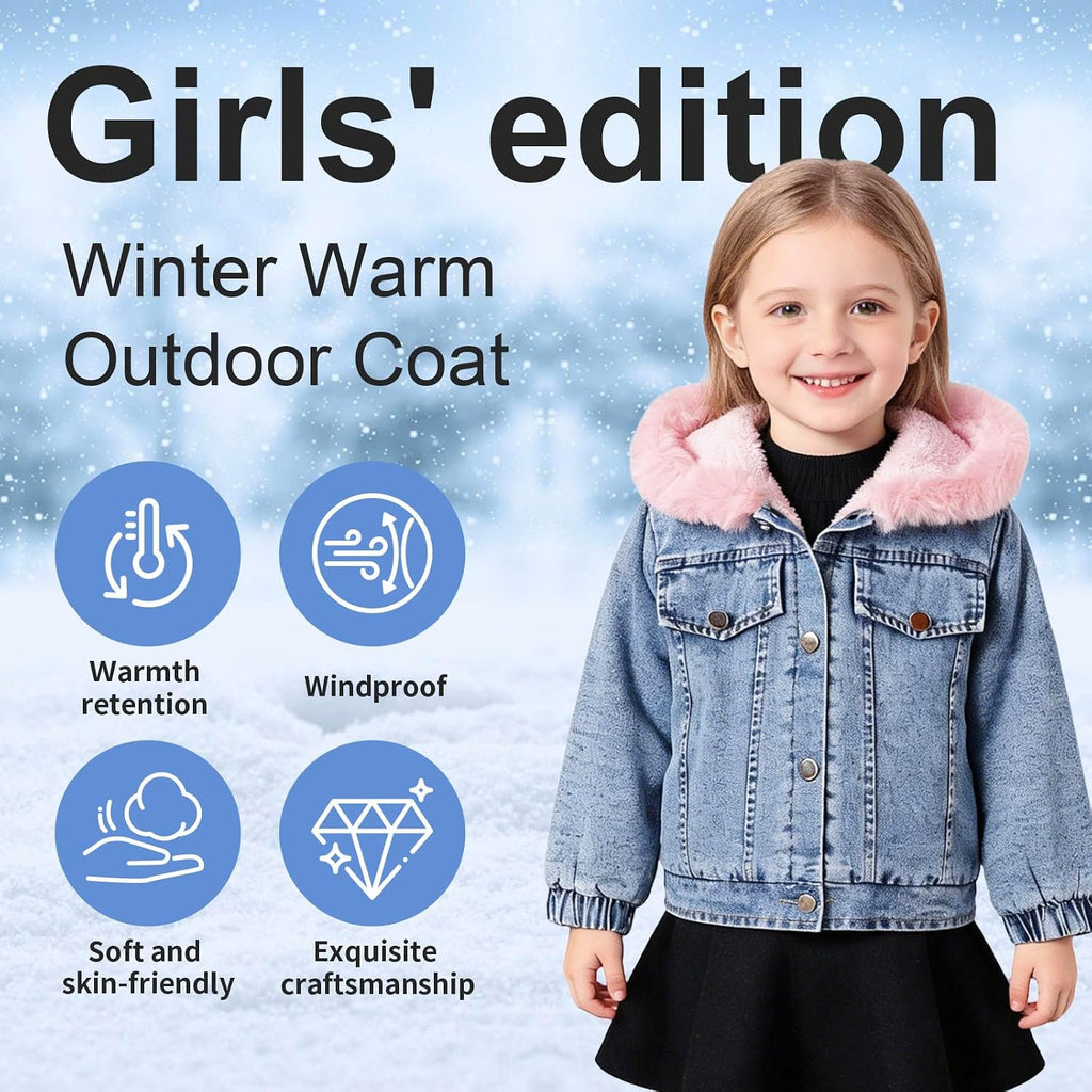 Girls Pink Fluffy Hood Fleece Lined Warm Denim Jacket for Toddler Girls