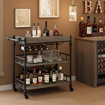 Bar Cart with Wheels, 3-Tier Serving Cart , Mobile Rolling Beverage Cart with Wine Rack and Removable Tray , Dining