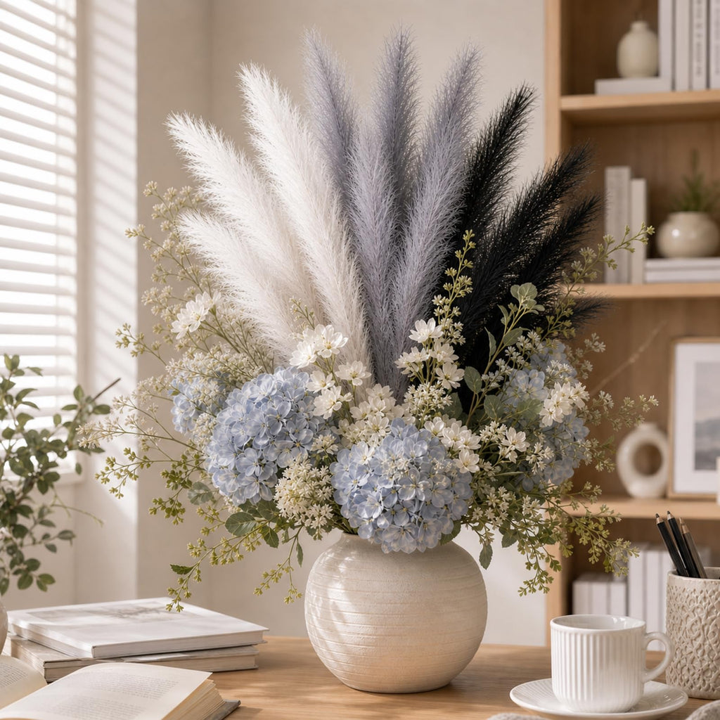 9 PCS 45" Artificial Pampas Grass Black & Dark Gray & White
