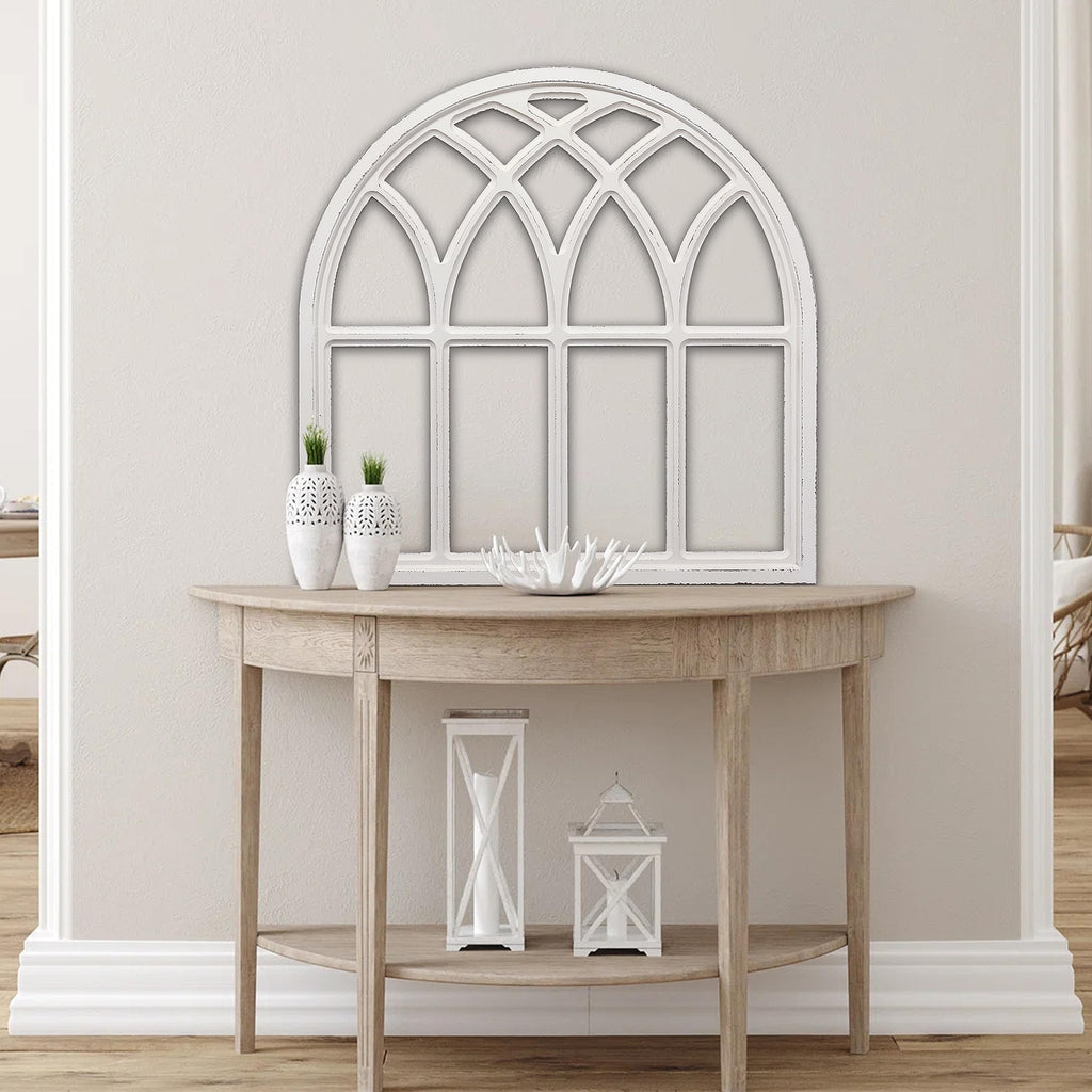 Farmhouse Large White Arched Window Frame Wall Decor 32 Inch Tall