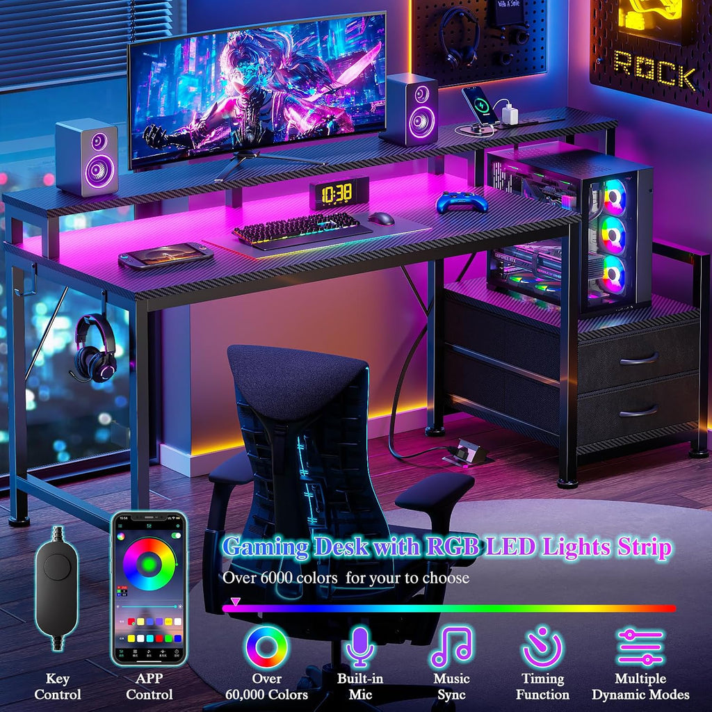 55" Gaming Desk with LED Lights & USB-C Port, Carbon Fiber Black | Reversible Large Computer Desk with 2 Fabric
