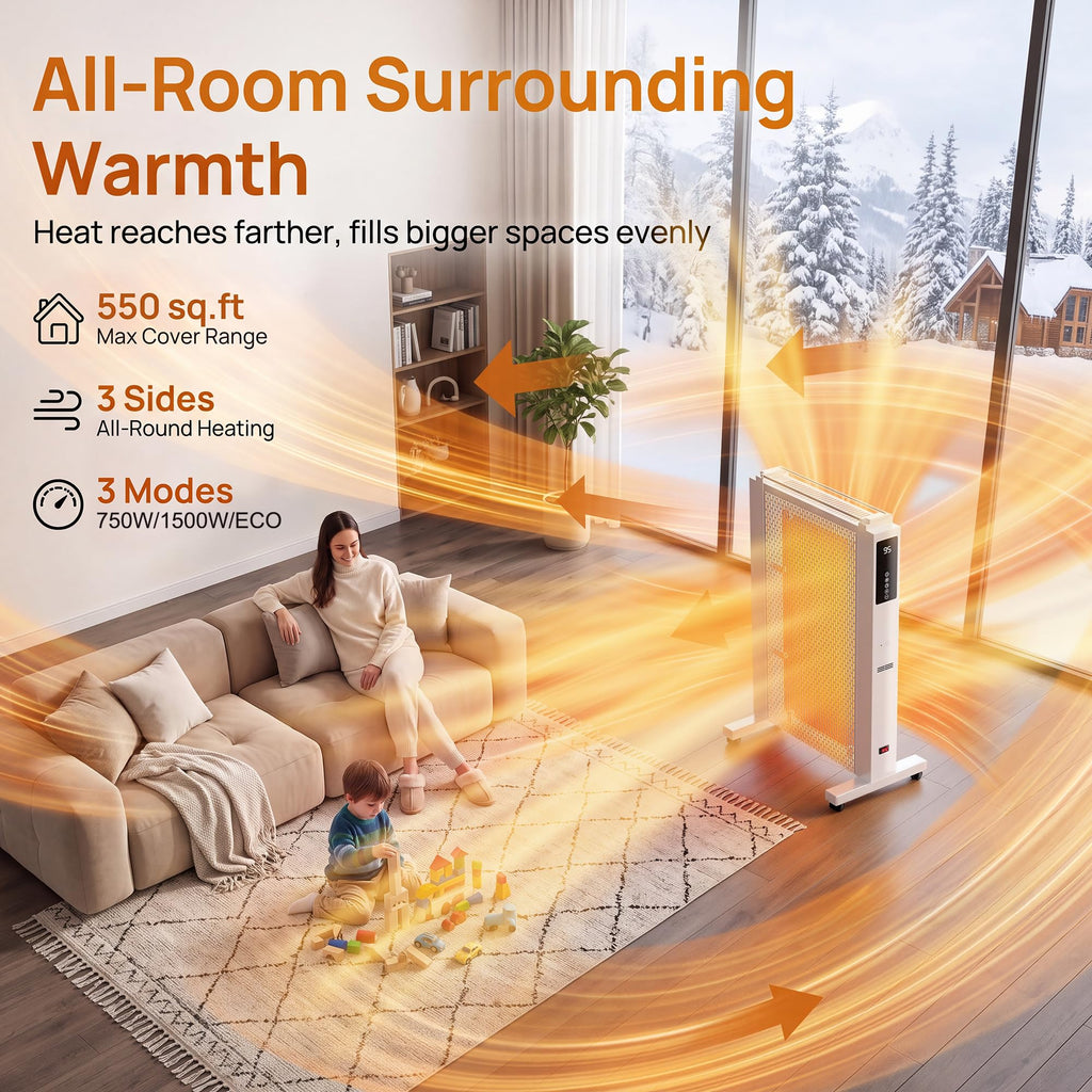 35" Space Heaters for Indoor Use, 1500w Electric Mica Heater, 3 Sides Heating, 12H Timer, Remote, 3 Modes, Safety
