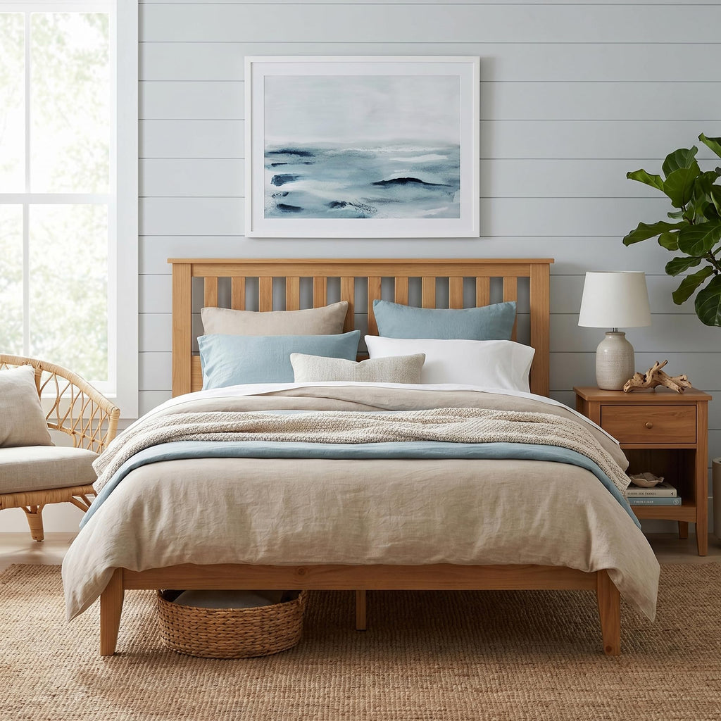 Wood Platform Bed - Pine, Queen, Bed & Mission-Style Headboard